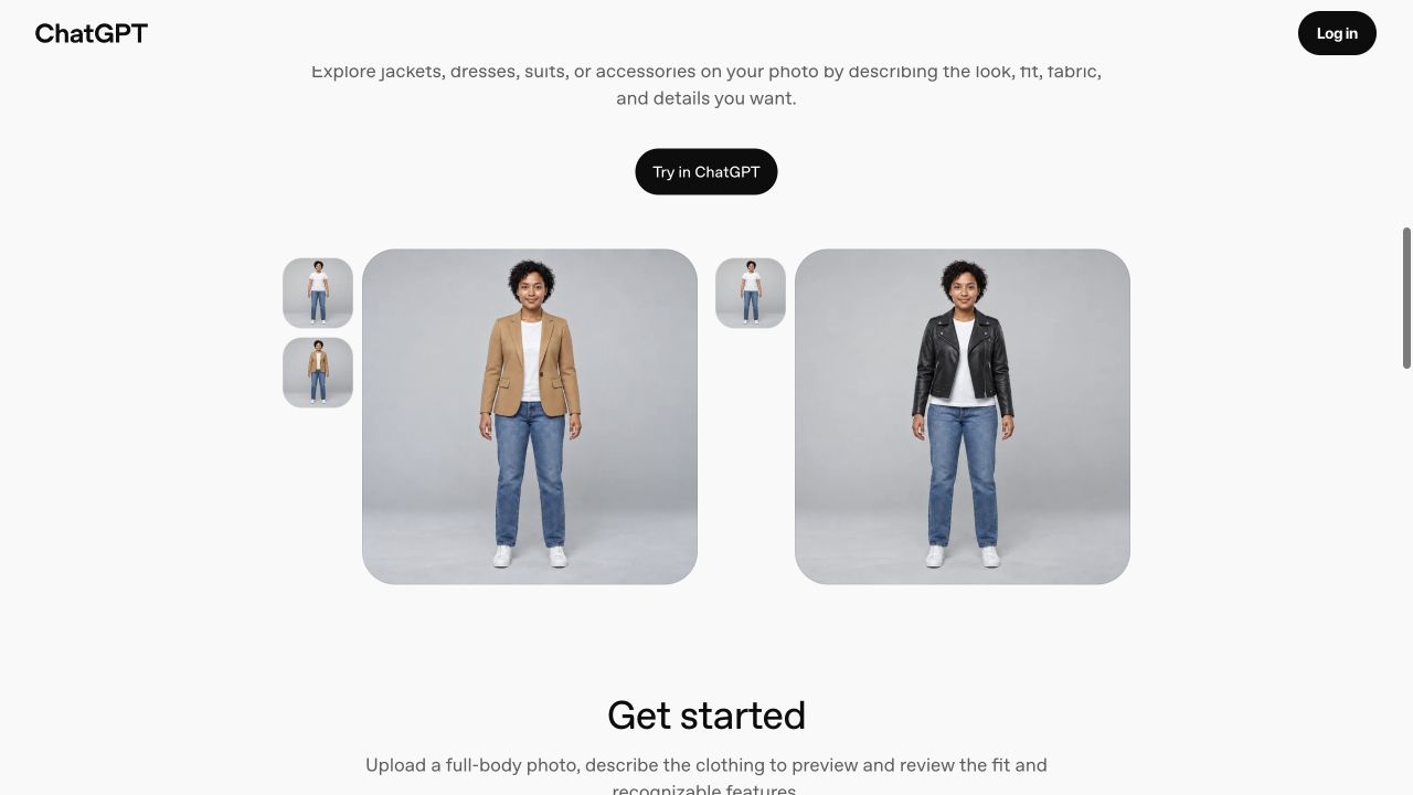 OpenAI's fictional person shown in camel and black jackets with source-photo thumbnails beside the generated examples.