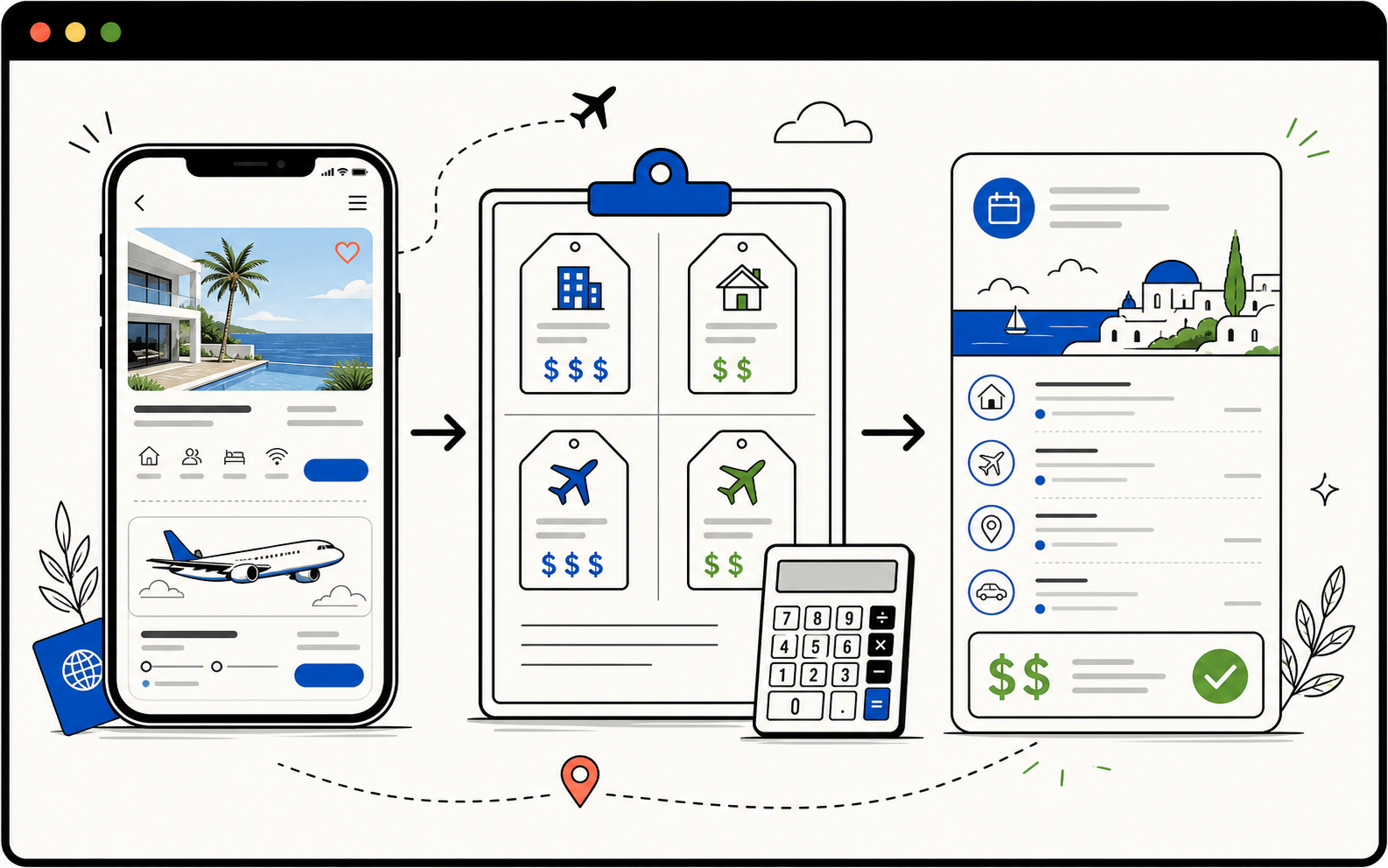 Illustration of a travel stay being compared across booking pages with the full price checked before booking
