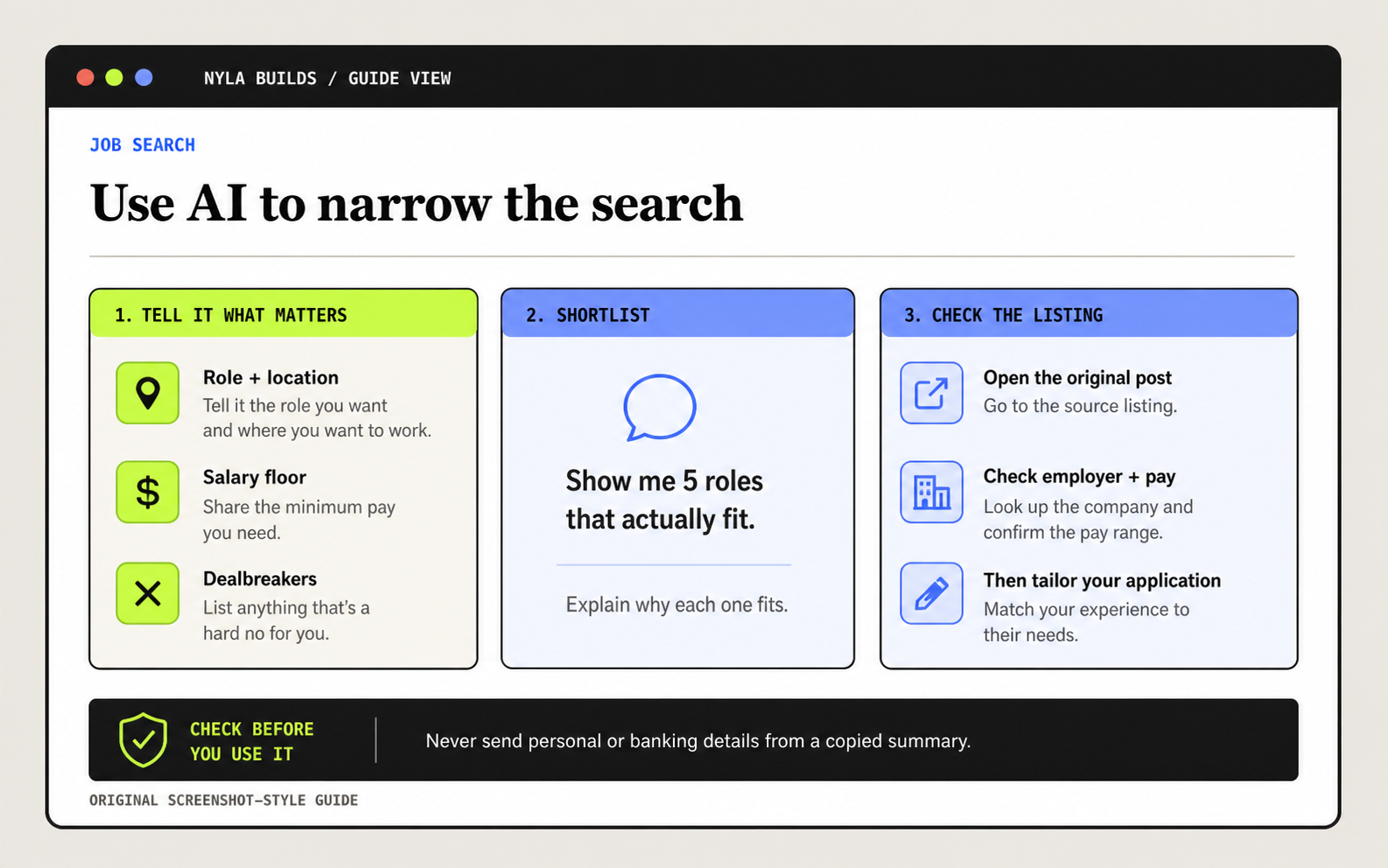 Job search guide showing role and location filters becoming a shortlist, an original listing check, and a tailored application