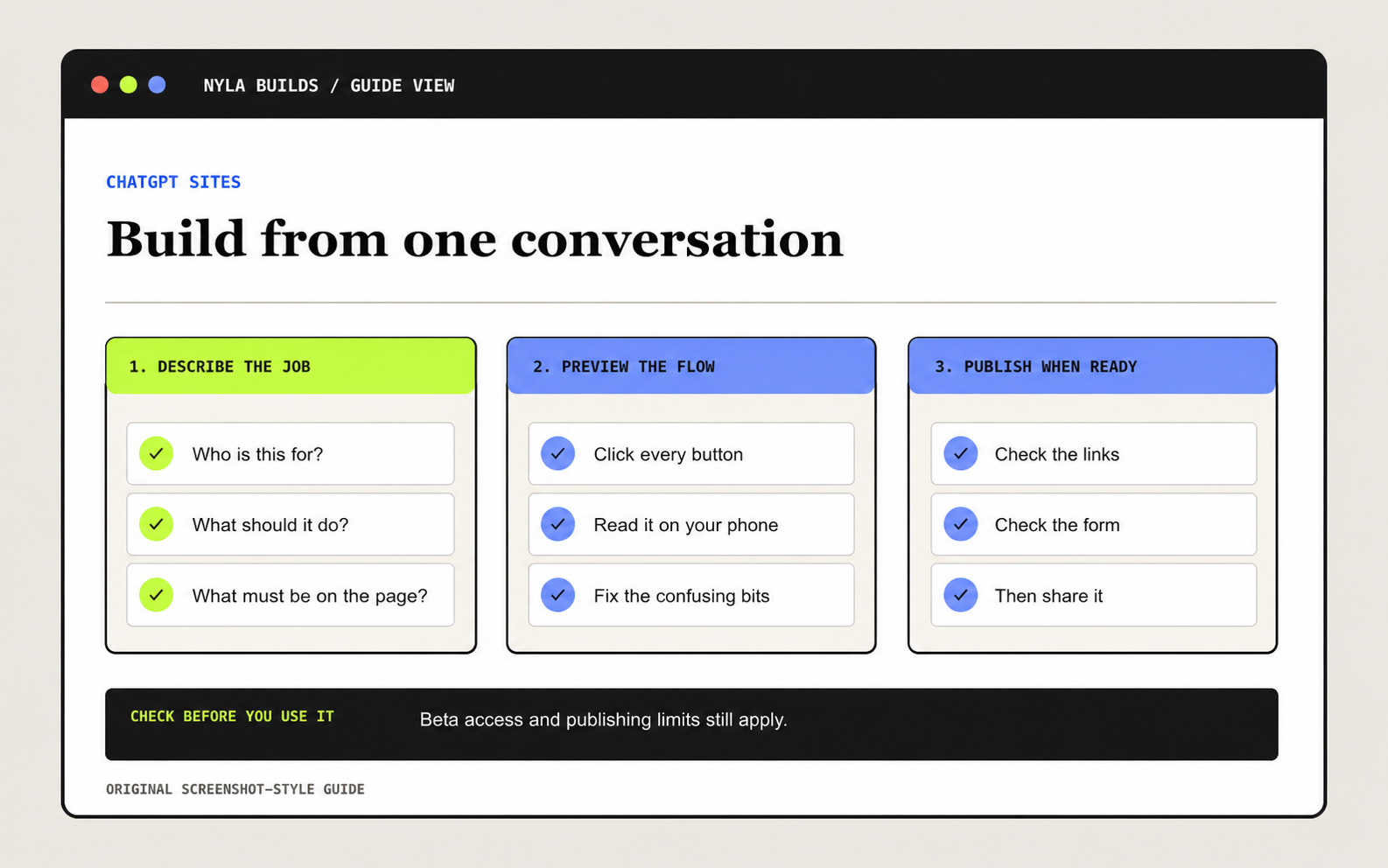 Website-building guide showing a clear job becoming a preview checklist and a ready-to-share page