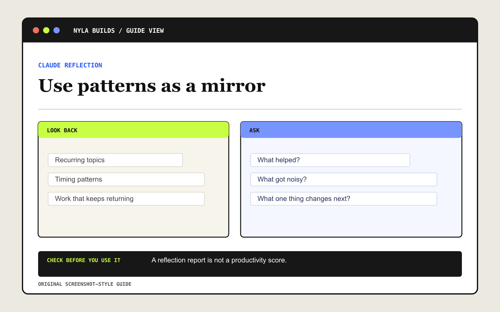 Diagram showing a private reflection loop of looking back at patterns, asking questions, and making one adjustment