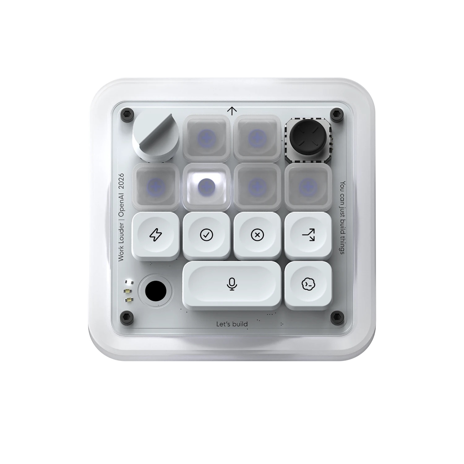 Top-down view of the white Codex Micro showing its agent keys, command keys, joystick, and large reasoning dial