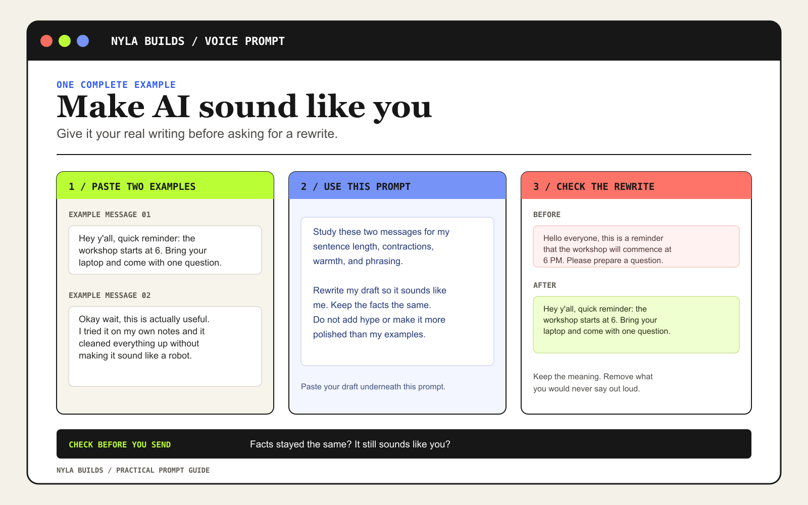 Practical voice prompt guide showing two example messages, a rewrite prompt, and a stiff draft changing into a more natural message