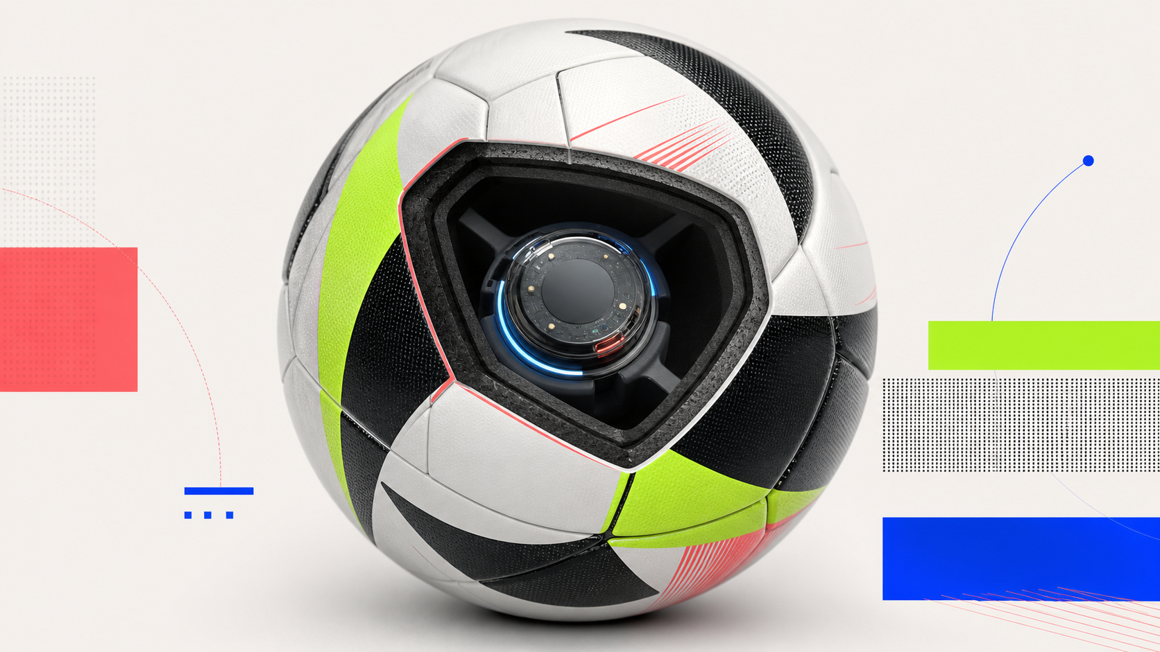 Original cutaway illustration of a soccer ball with a motion sensor visible inside